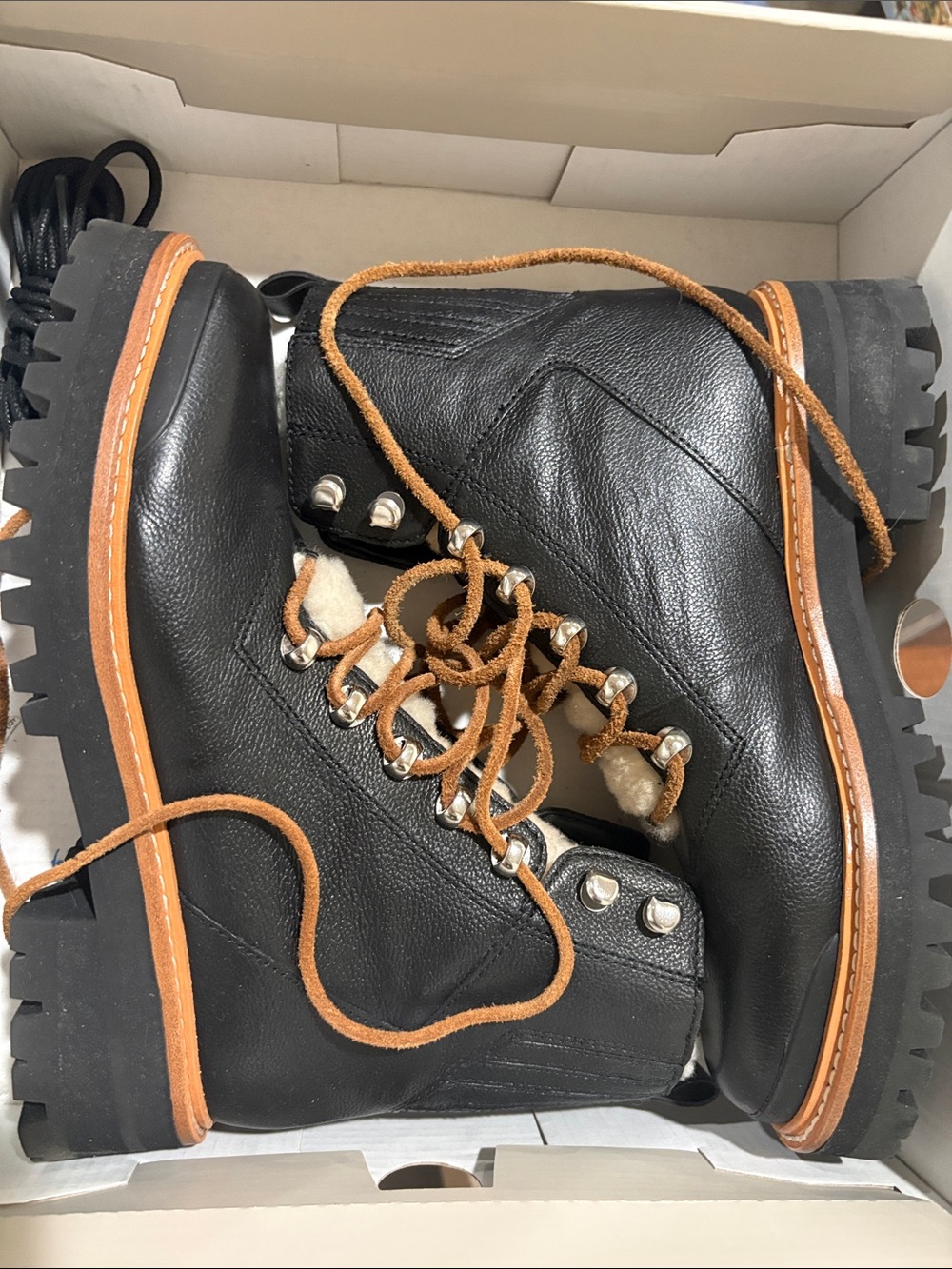 Marc Fisher Black Leather Combat Boots with Tan Accents